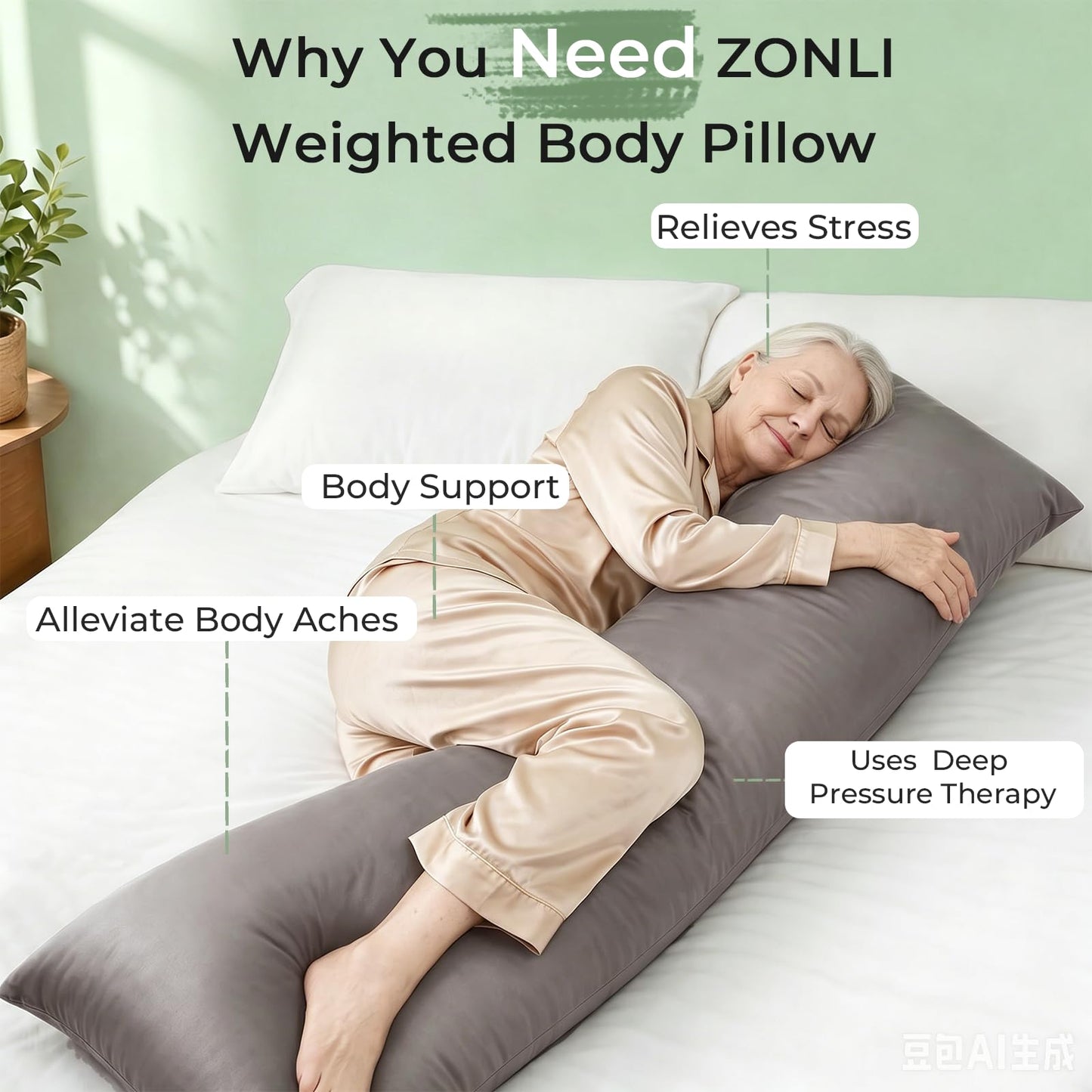 ZonLi Cooling Weighted Body Pillow for Deep Sleep and Mood Relaxation (48" x 14") 8.5lbs, Washable Bamboo Cover, Quilted Glass Beads Weighted Pillows for Bedroom, Sofa, Adults, Side and Hot Sleepers