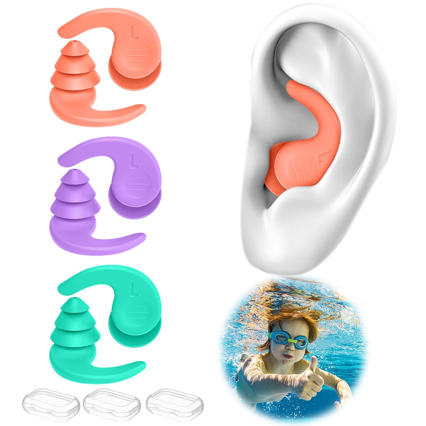 Kids Swimming Ear Plugs,3 Pairs Waterproof Reusable Silicone Child Swim Earplugs for Swimming Surfing Bathing Showering,Small Children Water Ear Plugs Suitable for Boys and Girls (Kids 4-12 Years Old)