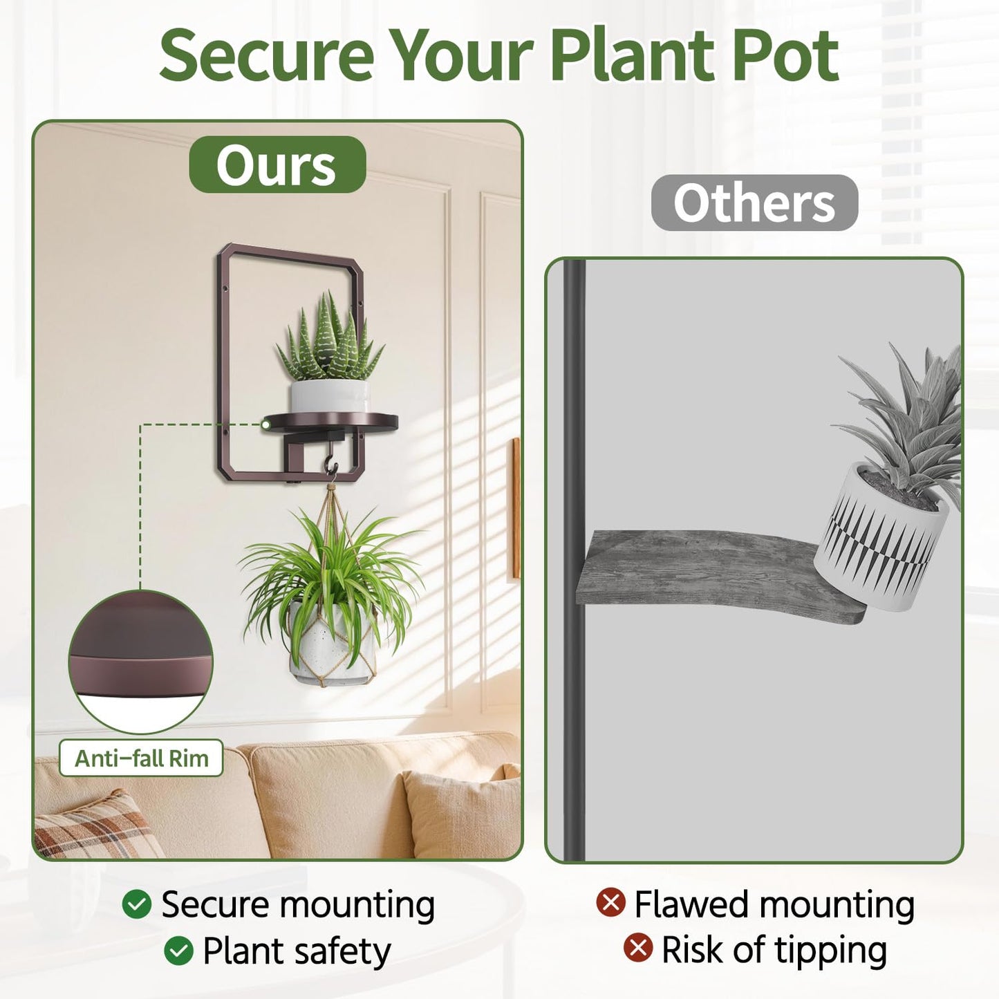 LASZOLA Plant Picture Frame Holder Wall Mount for Indoor Window, 2 Pack Modern Floating Flower Hanger Shelf with Hooks, Metal Stand Display Decor for Living Room, Brown