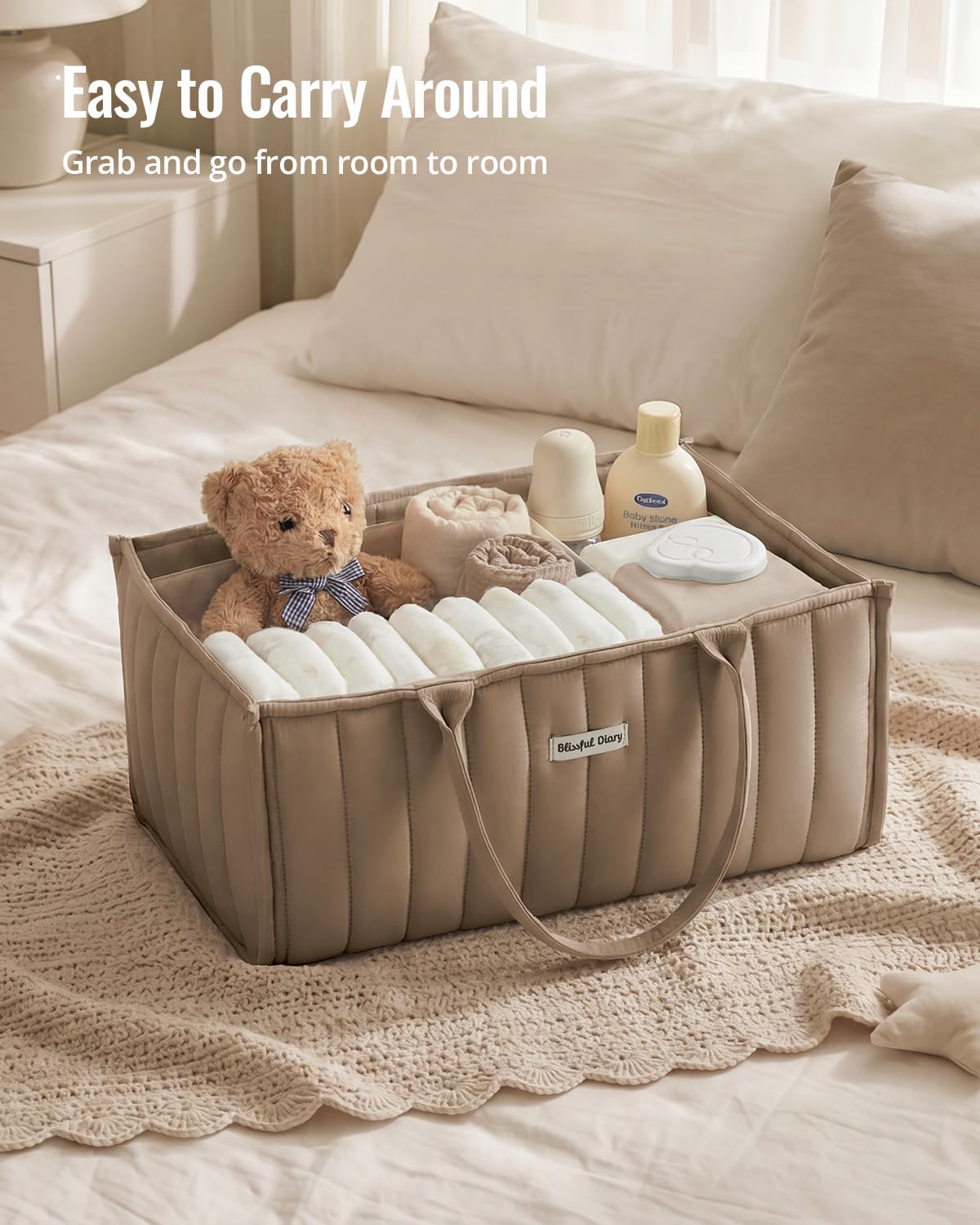 Blissful Diary Baby Diaper Caddy Organizer, Stylish Storage Basket for Newborn Essentials and Diaper Station, Gift for Baby Shower and Registry Must-Have, Mocha Brown