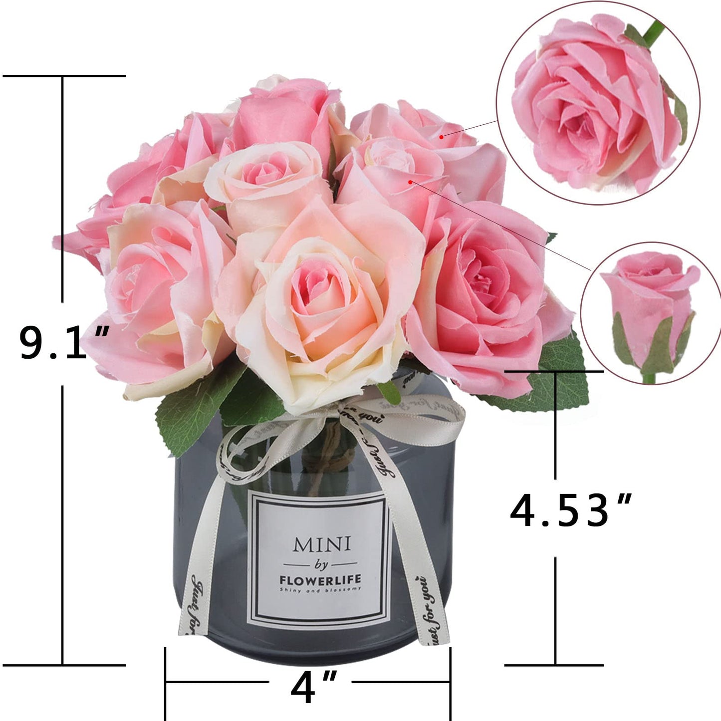 XIAYAN Artificial Flower and Glass vase, Silk Rose Flower Glass Bottle Set, Suitable for Living Room, Dining Table, Office, Wedding, Hotel Banquet and Other Home Decoration. (Pink)………