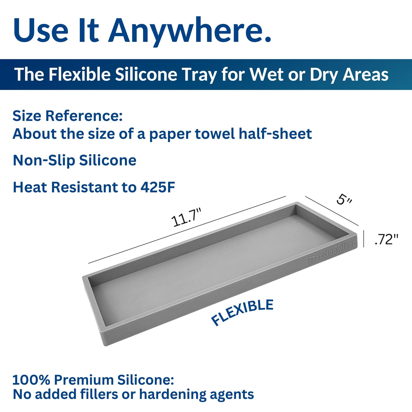 Spacewiser Countertop and Vanity Tray - 11.7" Silicone Bathroom Counter Tray, Dish Soap Trays for Kitchen Counter, Sink Organizer Caddy Accessories, Drawer Toilet Plant Shower Makeup Mat Oil Holder