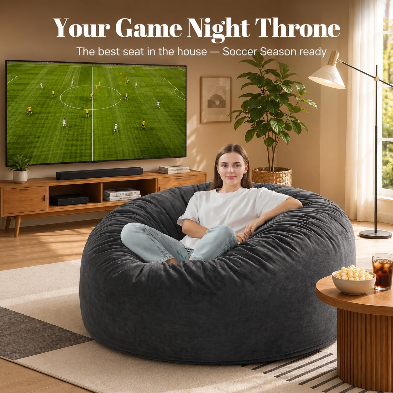 Codi Big Giant Bean Bag Chair with Filler Included, 5 FT - Comfy Large Beanbag Chairs for Adults - Machine Washable and Soft Mink Bonded Cover - Charcoal Grey, 5ft