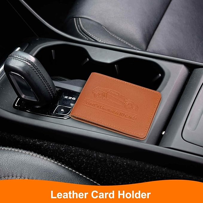 HARFINGTON Car Registration and Insurance Holder PU Leather Vehicle Glove Box Organizer Storage Accessories Car ID Holder with 4 Pockets for License ID Card Bank Card Documents, Brown