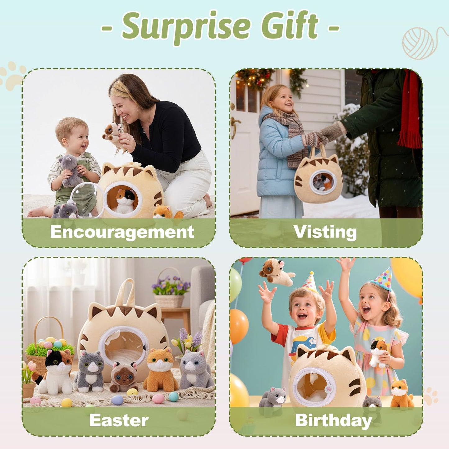 OUOZZZ Cat Stuffed Animal House with 5 Soft Cat Toys for Kids, Portable Gift Set