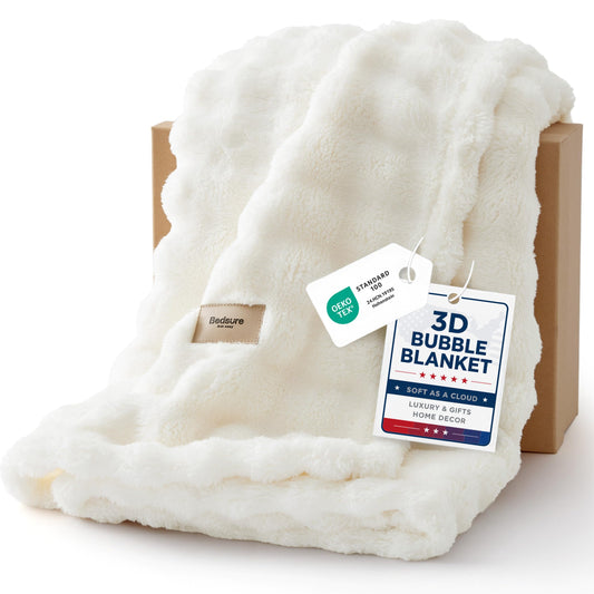 Bedsure 3D Fleece Bubble Blanket for Couch - GentleSoft Cute White Throw Blanket for Sofa Bed Room Decor - Luxury Soft Cozy Cloud Blanket Mothers Gifts for Women, Lightweight, Off White, 50"×60"