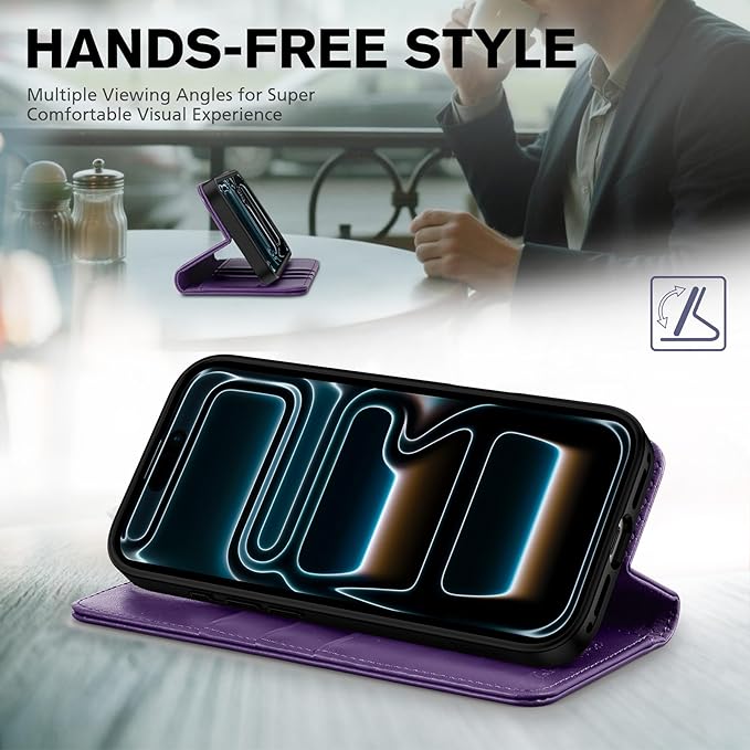 TUCCH Wallet Case for iPhone 17 Pro (6.3") 2025, 3 Credit Card Slot | RFID Blocking | Stand | PU Leather | Protective Flip Folio Cover | Shockproof TPU Interior Shell | Dark Purple