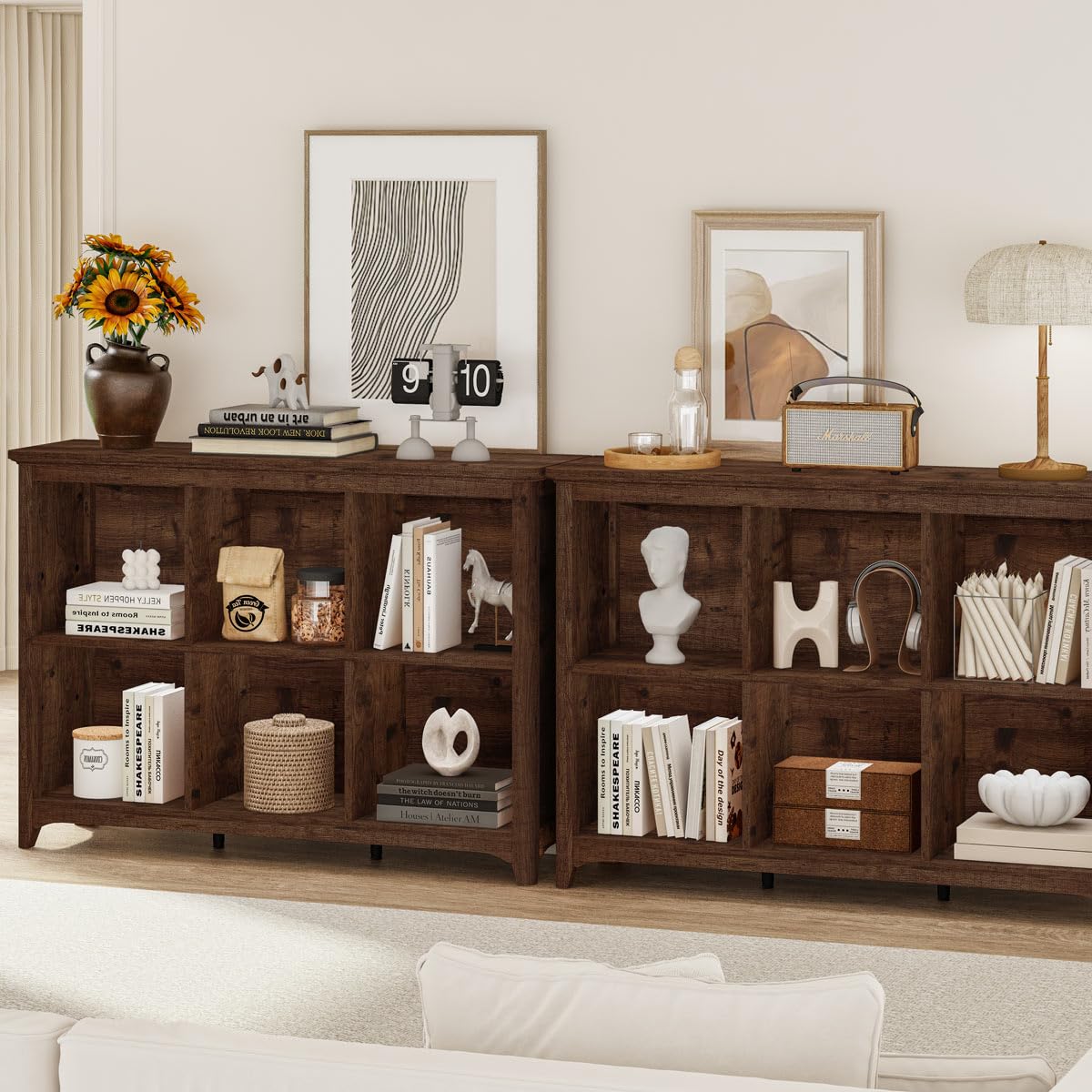 BON AUGURE 6 Cube Storage Bookcase, Horizontal Wooden Bookshelf with Curved Edge, 3 Tier Cubby Organizer Book Shelf for Living Room, Bedroom, Home Office (Rustic Oak, 43 Inch)