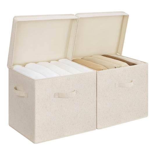 StorageWorks Storage Bins with Lid, Decorative Fabric Storage Bins with Handles, Stackable Closet Organizers for Shelves and Bedroom, Large, Beige(Natural Fabric), 2-Pack