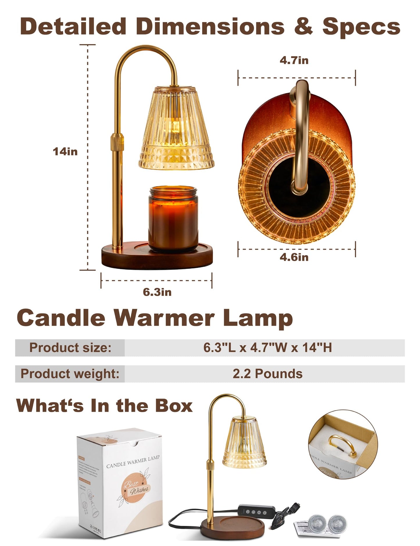 Candle Warmer Lamp with Dimmer & Timer，Adjustable Height for Jar Candles, Birthday Gifts for Mom Women Sister, Housewarming for New Home Decor, Wax Warmer for Jar Candles with 2 Bulbs (Amber-gold)
