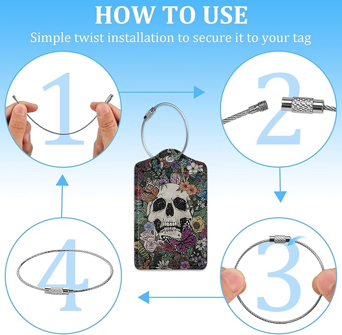 2 Pack Luggage Tag for Suitcase,Skull Flowers Luggage Tag with PU Leather Privacy Cover ID Label & Stainless Steel Loop for Women Men Travel Bag Suitcase