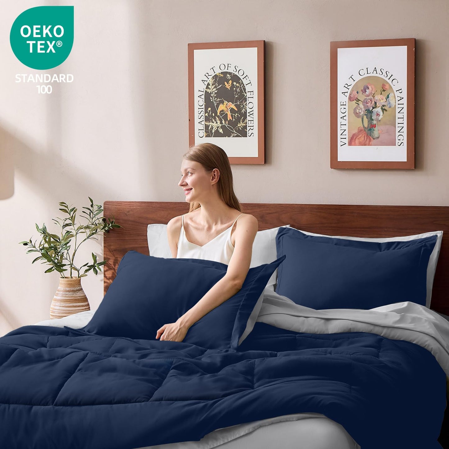 FUANNA Queen Comforter Set 7 Pieces, Reversible Bed in a Bag with All Season Soft Comforter, Bedding Sets Includes Comforter, Flat Sheet, Fitted Sheet, Pillowcases & Shams, Navy Blue & Light Grey