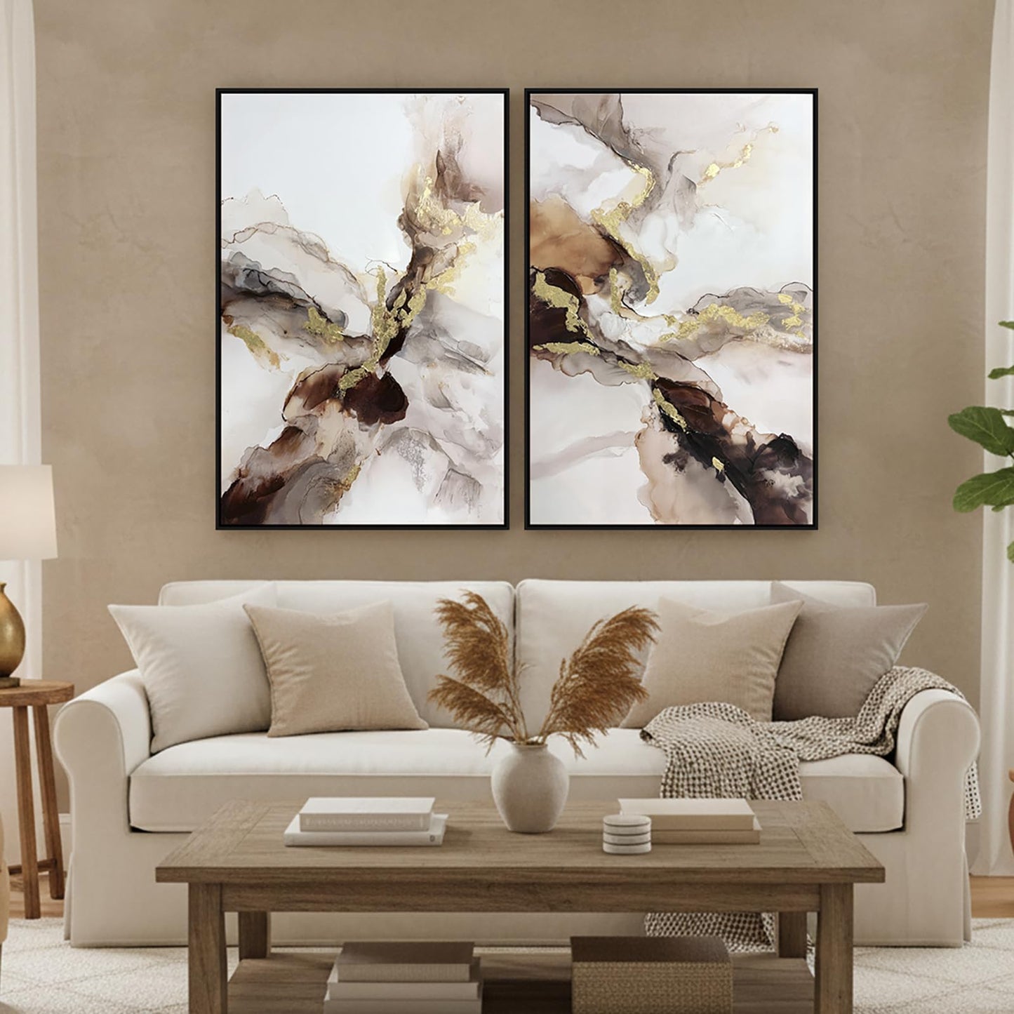 SAFERRYHOME Neutral Abstract Wall Art, Gold and Brown Marble Framed Canvas Wall Decor, Modern Fluid Texture Painting Artwork, Contemporary Minimalist Picture for Home Office Living Room, 24"x36"x2