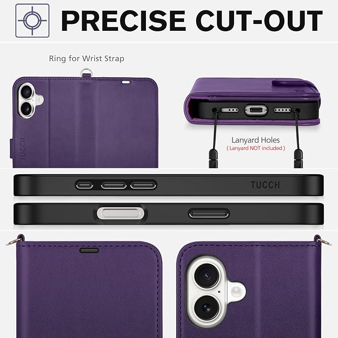 TUCCH Case Wallet for iPhone 17 (6.3") 2025, Wrist Strap, Stand, RFID Blocking, 4 Card Holder, TPU Shockproof Inner Shell, PU Leather, Magnetic Closure Folio Protective Cover, Deep Purple