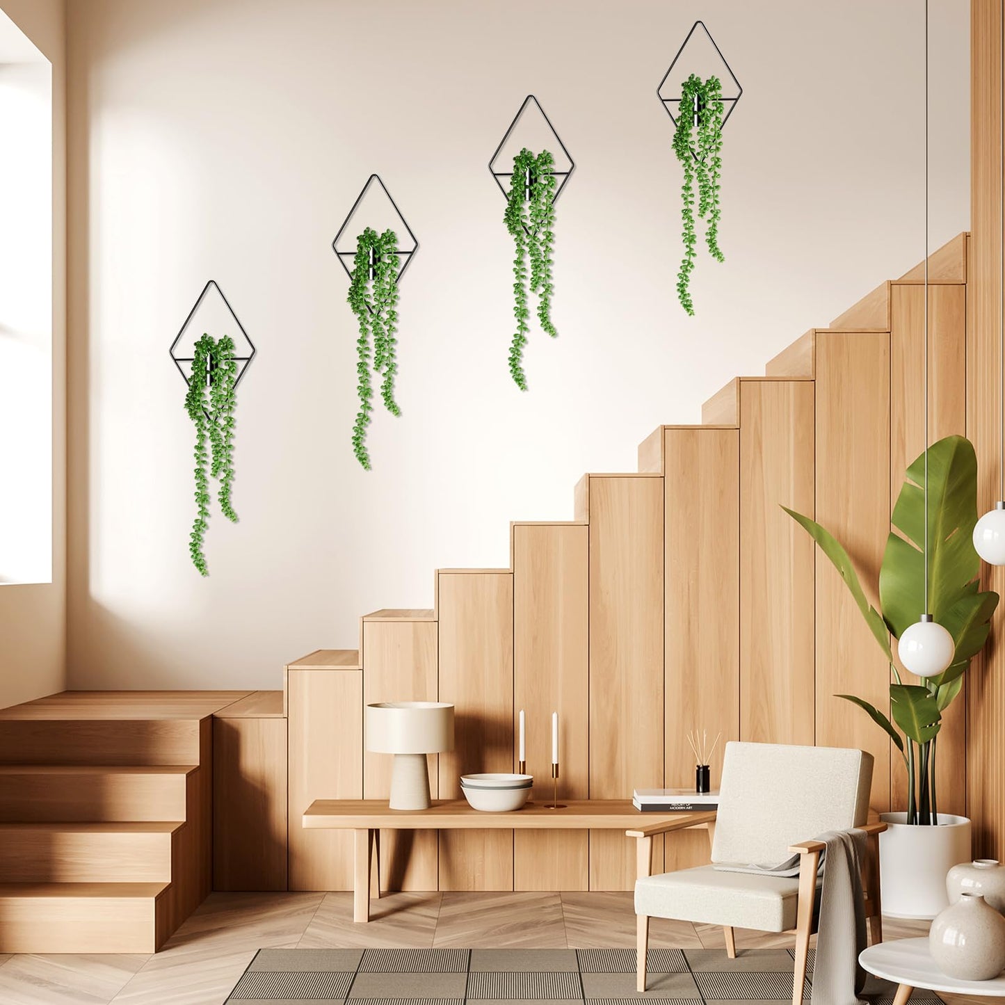 Jexine 4 Pcs Plant Wall Decor Diamond Shape Hanging Planters with Artificial Plants Geometric Metal Hanging Vase Indoor Wall Decor for Living Room Bathroom Home(Black)