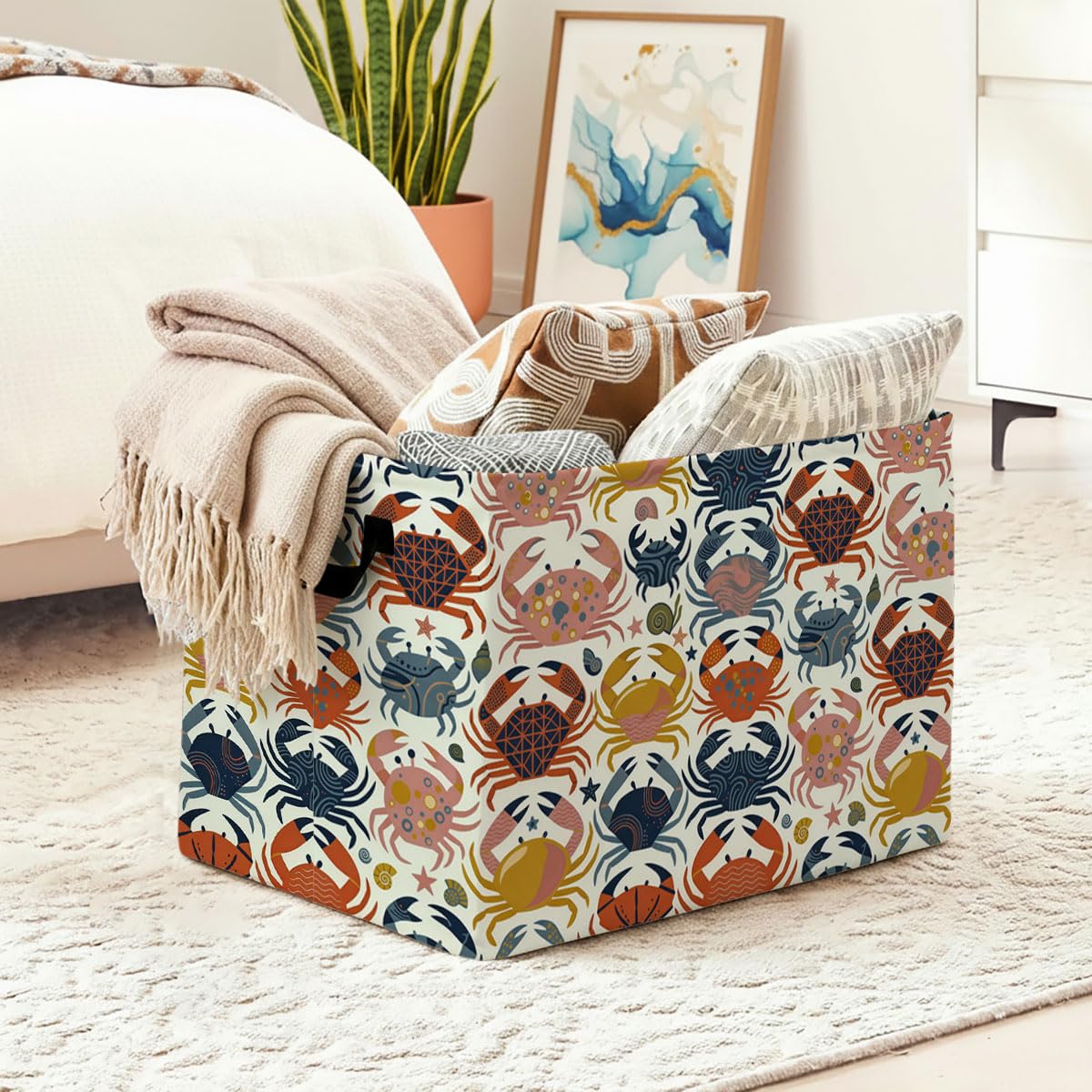 Modern Geometric Crabs Laundry Hamper, 56L Large Foldable Laundry Basket with Handles, for Clothes, Toy Storage Bin, Blankets,Decorative Organizer for Shelves & Closet Home Decor Bedroom & Nursery