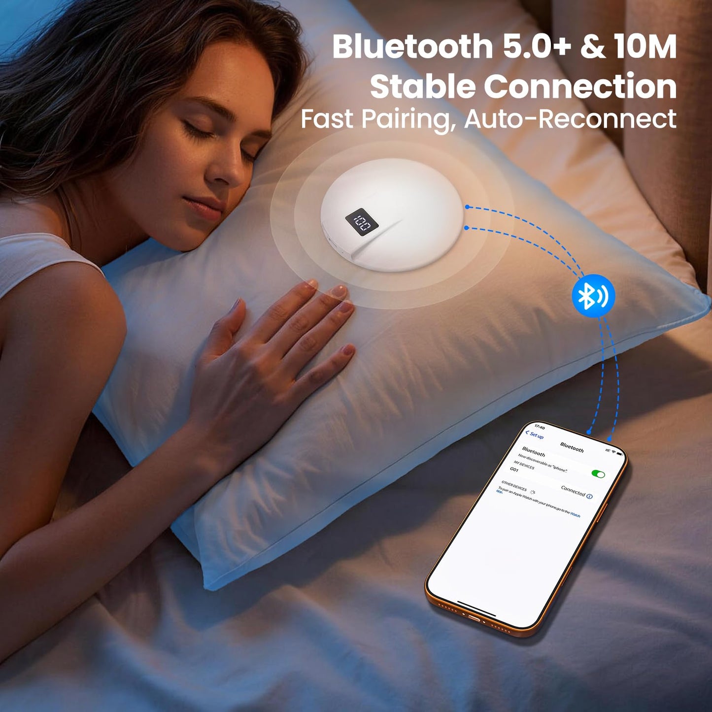 Hoarahloux Bone Conduction Under Pillow Sleep Bluetooth Speaker for Side Sleepers, Bluetooth 6.0 Wireless Speaker with Digital Display Portable Player for Sleep Music White Noise Audiobooks (White)