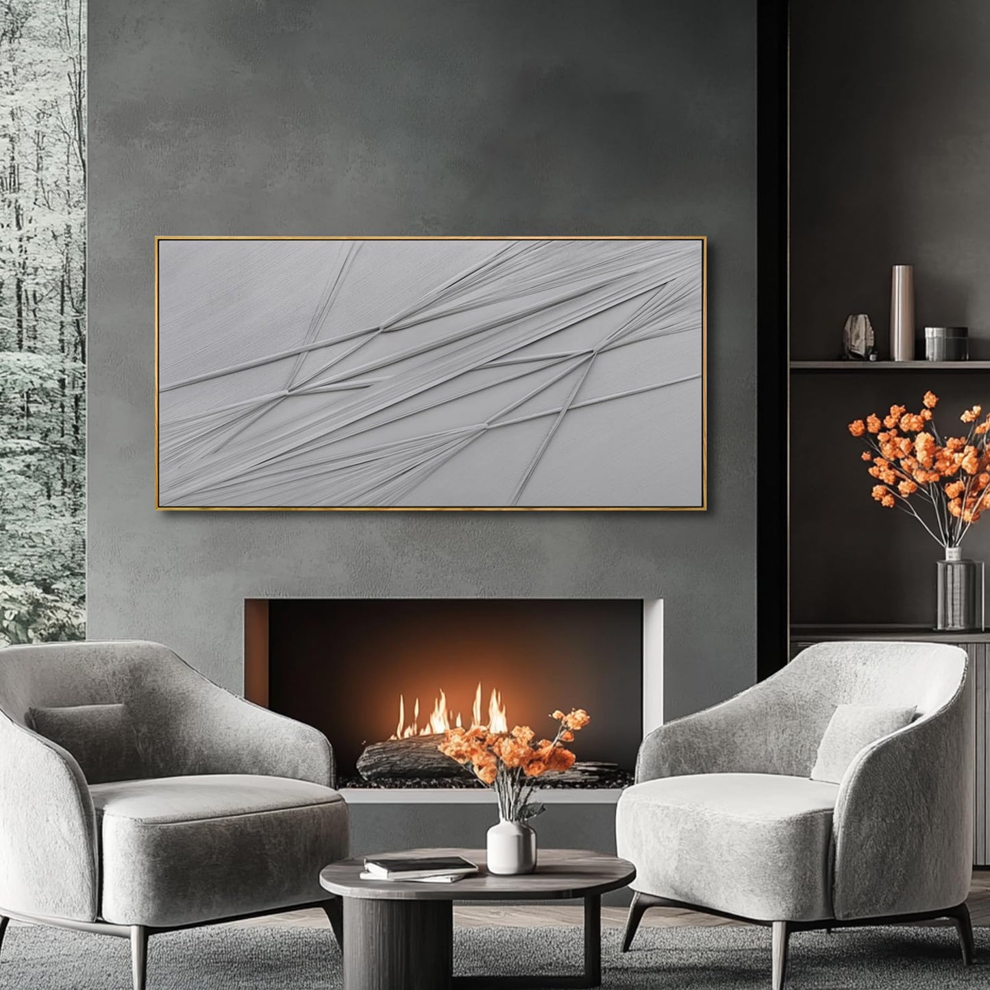 Framed Wall Art 24x48 Inch, Hand Painted Textured Canvas Painting with Wood Frame, Grey Abstract Minimalist Line Decor for Dining Room Living Room Bedroom Office