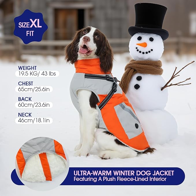 FUAMEY Dog Winter Jackets for Small Dogs,Dog Coat with Harness Built in,Waterproof Dogs Snowsuits Warm Pet Jacket Zip Up Fleece Cold Weather Coats Reflective Safety Pets Hunting Vest Orange S