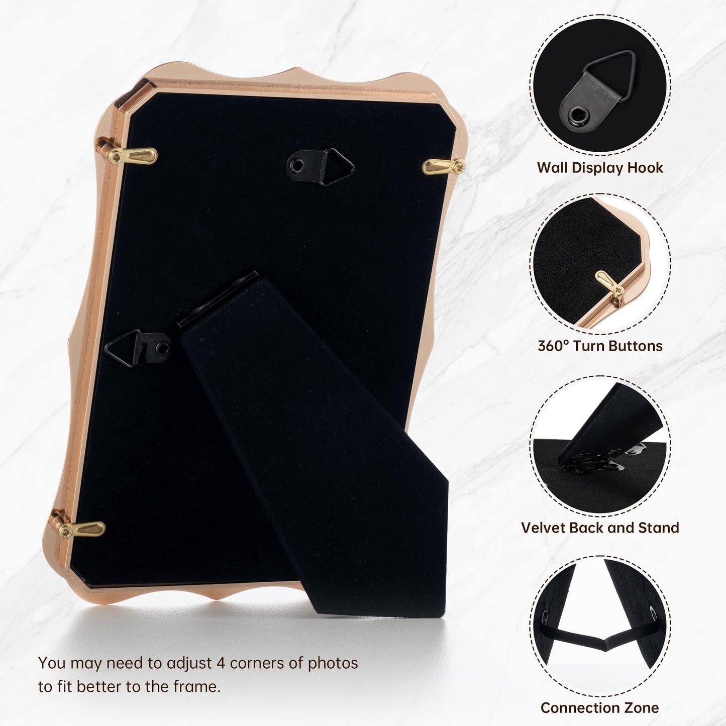 4x6 Enamel Picture Frame with HD-Tempered Glass, Display 3x5 Photo with Mat, Ornate Photo Frame with Gold Metal Edge & Velvet Back for Tabletop & Wall Mount Vertically or Horizontally Display, Black