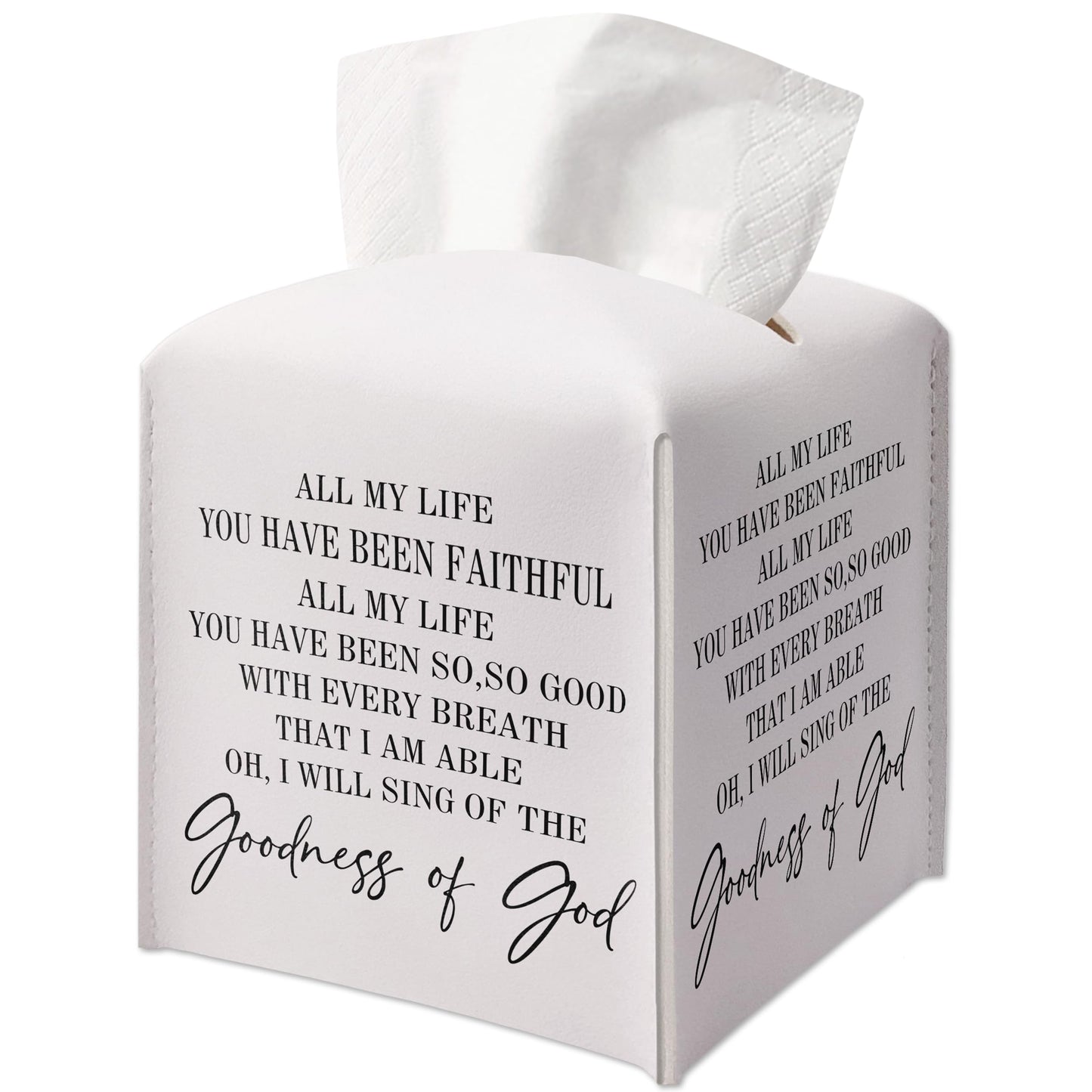 Tissue Box Cover Square, Leather Tissue Box Cover, Waterproof Leather Facial Paper Organizer Dispenser for Bathroom Home Car Nightstand Vanity Desk, Goodness of God, 5.2 Inches