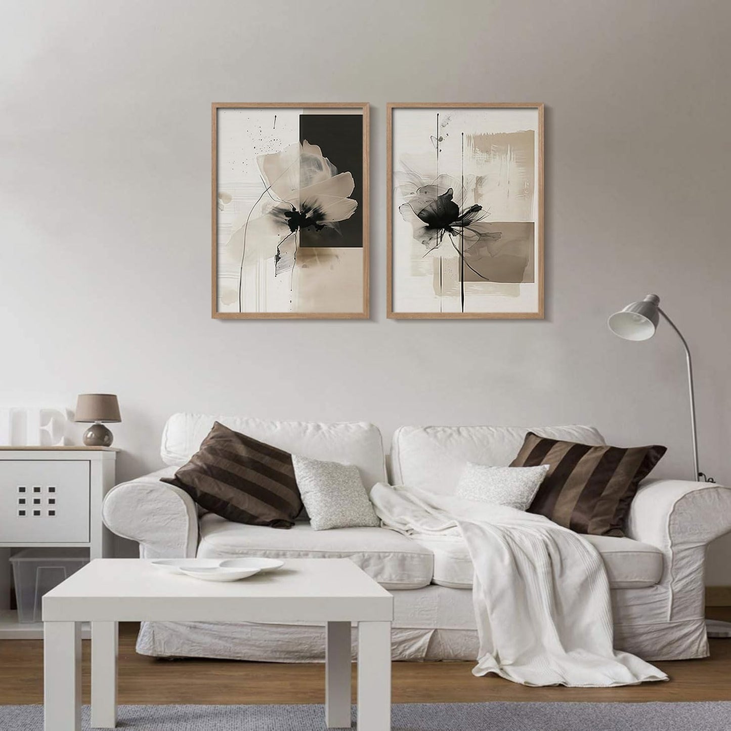 2Pcs Framed Black and White Flower Abstract Wall Art Modern Neutral Canvas Prints Posters Pictures Gallery Wall Decor Living Room Bedroom Office Apartment 16X24 Inch Ready to Hang