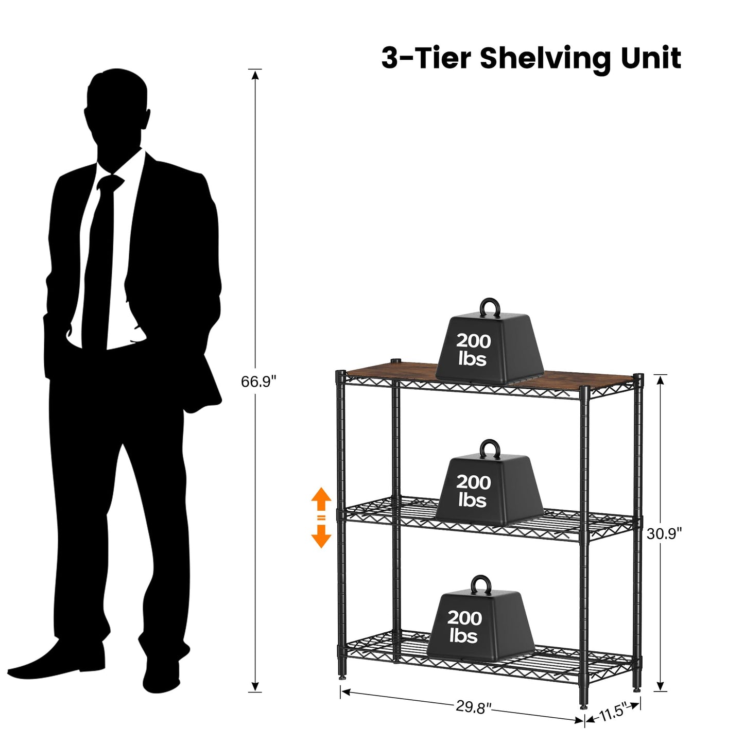 Homeiju 3-Tier Storage Rack, 29.8" Wide Heavy Duty Metal Shelving Unit, Top Tier with Removable Wood Board, 200 lbs Capacity per Shelf, for Pantry, Bathroom, Garage, Entryway, Plant Stand