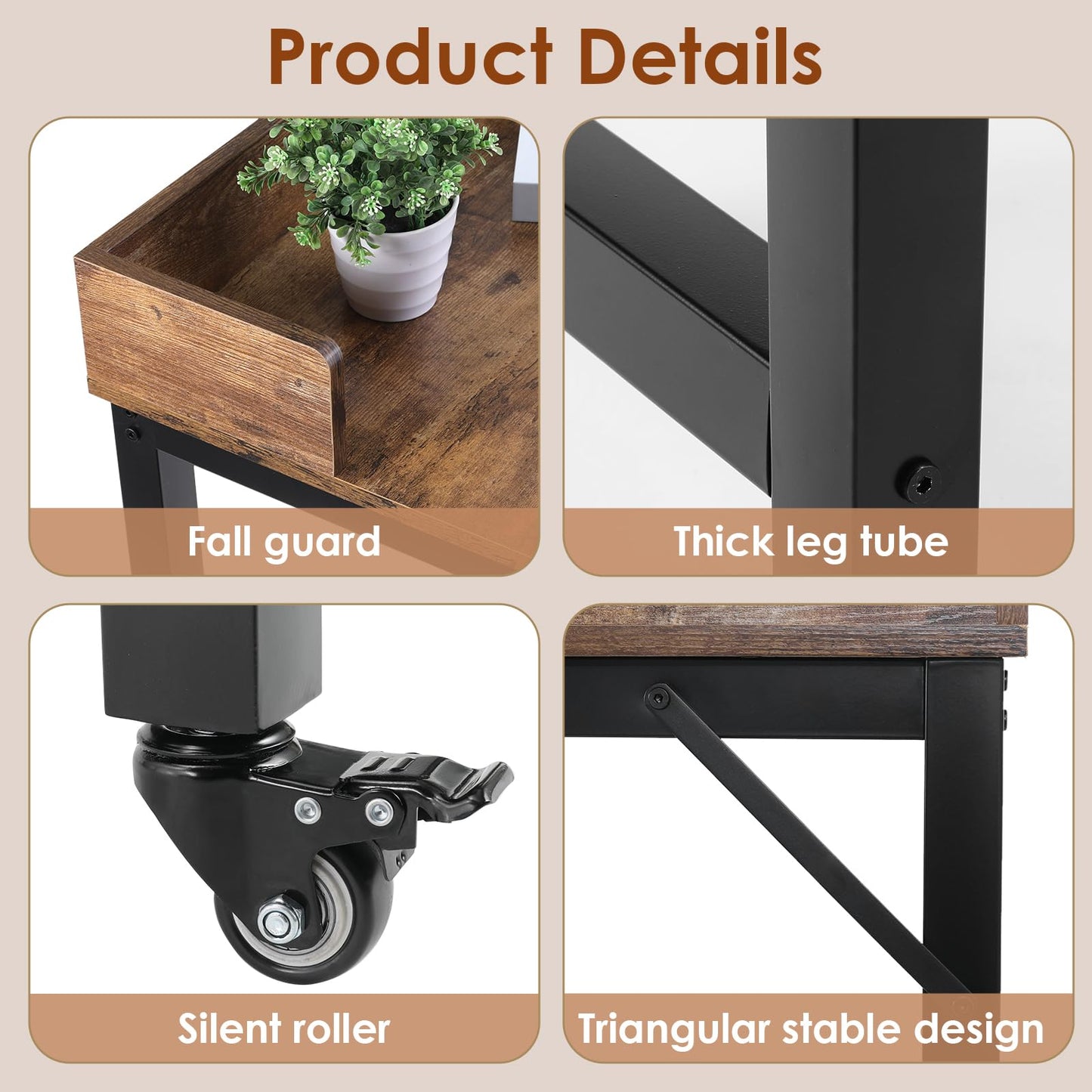 Arlopu Overbed Table with 360° Wheels, Queen Size Mobile Bed Desk with Heavy Duty Metal Leg, Sturdy Laptop Cart & Dining Table for Bedroom, Living Room, Hospital Use (Brown)