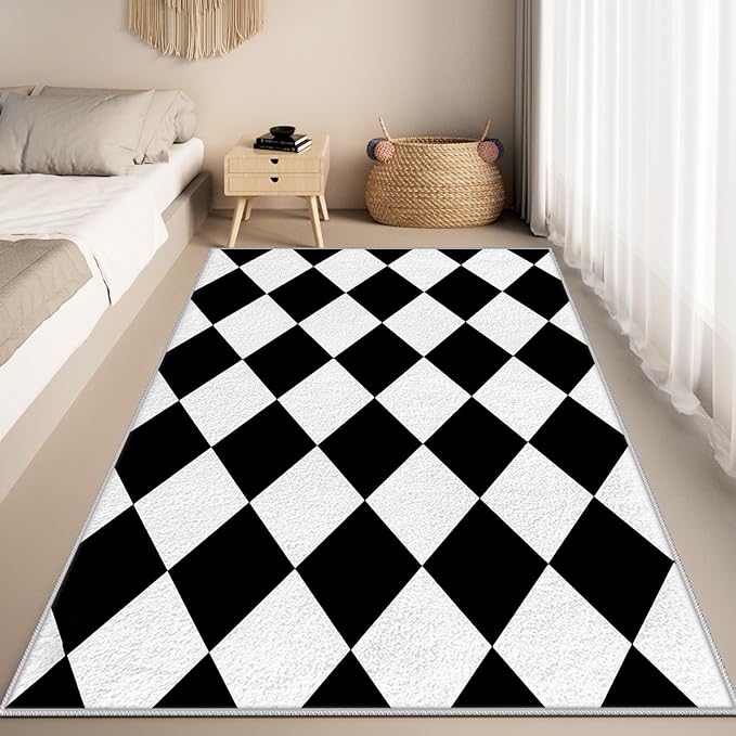 Checkered Rug, Black White Rug, Washable Rugs 5x6, Geometric Rhombus Plaid Area Rugs, Grid Gingham Carpet for Living Room Non Slip Home Decor