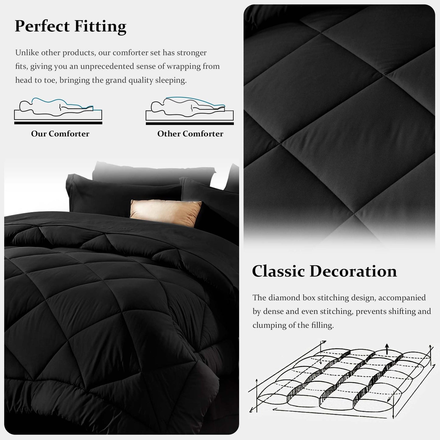 Newspin Full Comforter Set Black - Bed in a Bag Full Size 8 Pieces, All Season Bed Set, Fluffy Comforter Set with Sheets, Sheet Set Quilt Blanket, Pillowcases & Shams & Bed Skirt