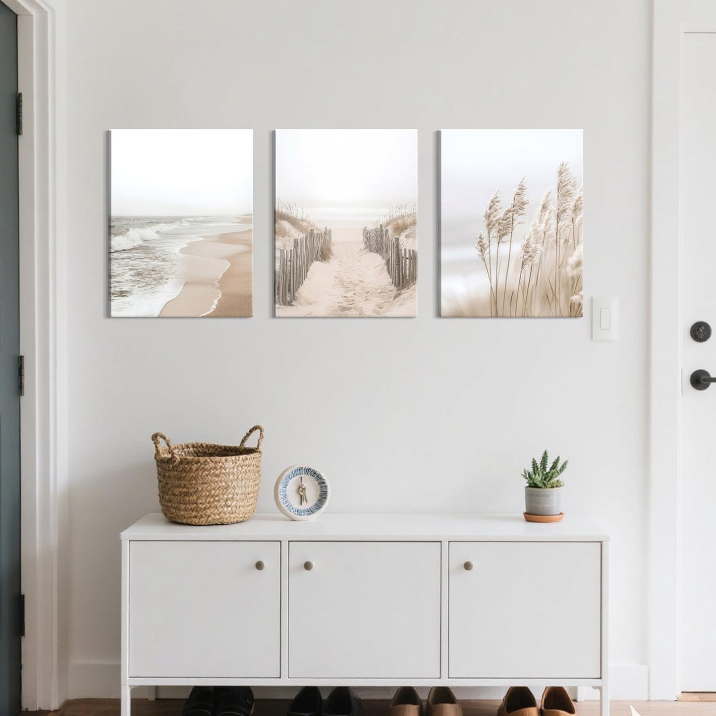 Framed Beach Canvas Wall Art Set of 3, Boho Coastal Nature Landscape Wall Decor Paintings, Ocean Beach Pampas Grass Artwork Prints Pictures for Living Room Bedroom Home Office 16x24 Inch