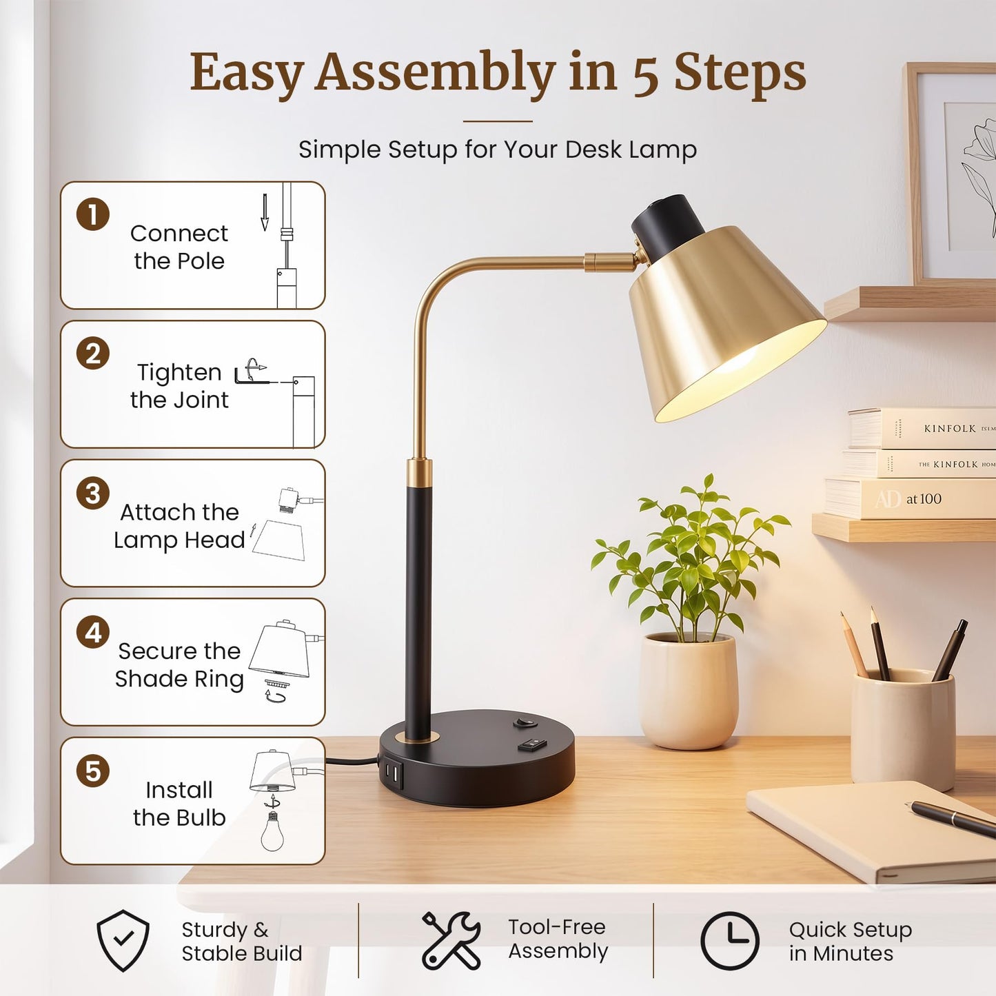 TimberAura Desk Lamp with USB-C, USB-A and AC Outlet, Adjustable E26 Table Lamp for Home Office and Bedside Reading, Matte Black and Brushed Brass-Look, Bulb Not Included