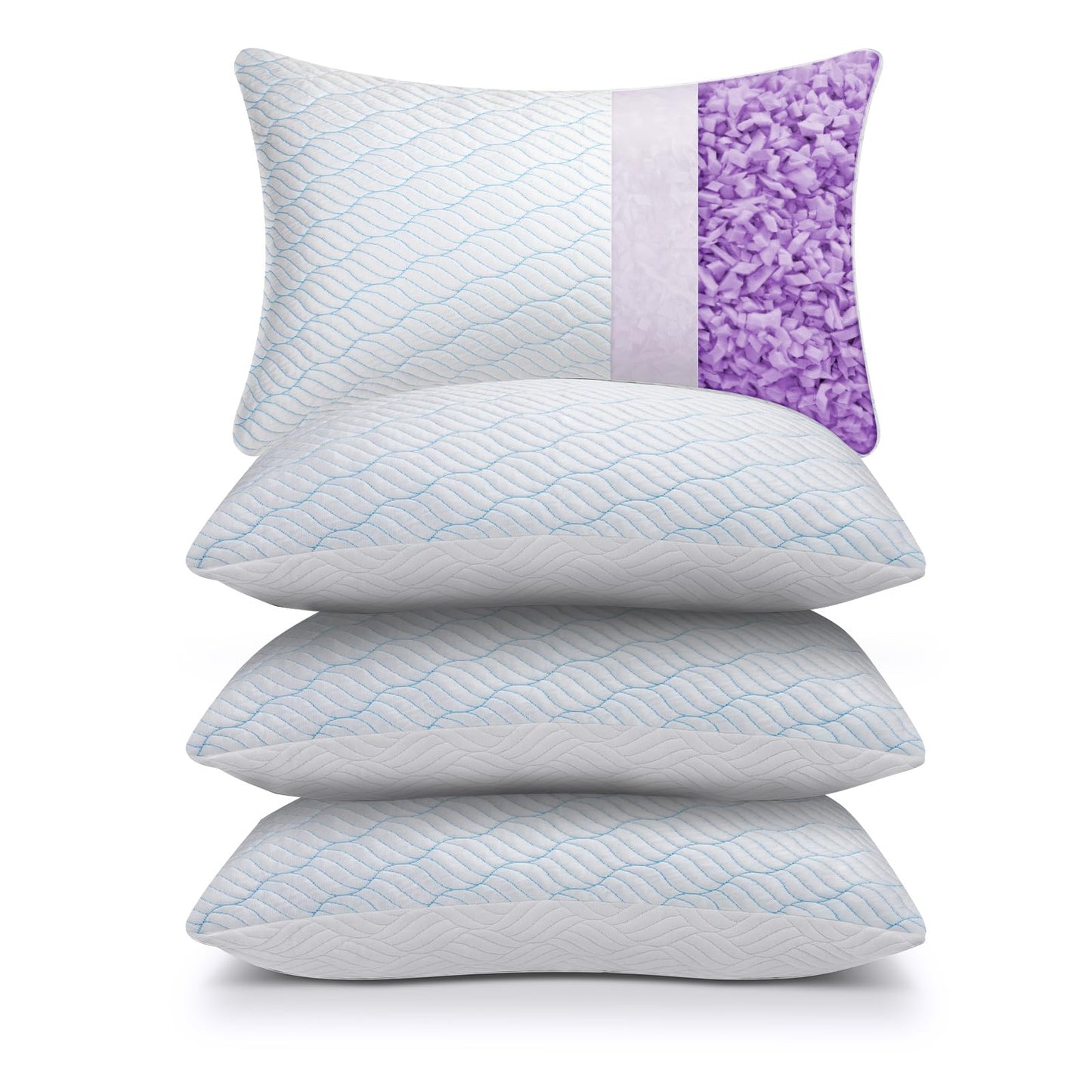 WISHSMILE King Size Shredded Memory Foam Pillows, Cooling King Pillows 4 Pack, Adjustable Height Firm Support, Double-Sided Polyester & Ice Silk Cover, Washable Bed Pillows for Home, King 20×36 Inch