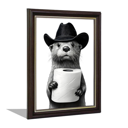 RVETNGVM Funny Otter Bathroom Wall Art - Cowboy Otter with Toilet Paper Print, Black and White Whimsical Animal Art for Guest Bathroom, Otter Lover Gift, Humorous Bathroom Decor 9x11 Inch