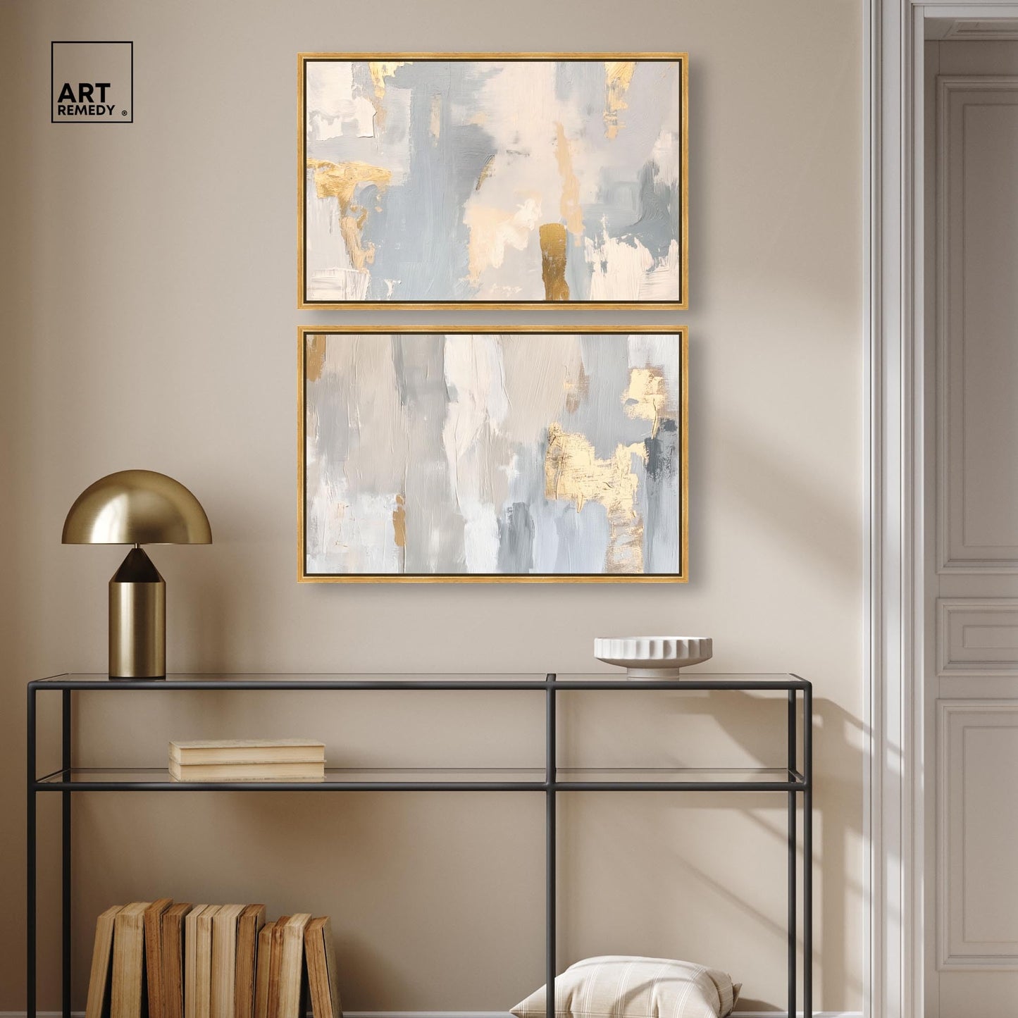 Neutral Luxe Living Canvas Print Wall Art Set of 2 by Art Remedy, Gold Frame, 30 x 20