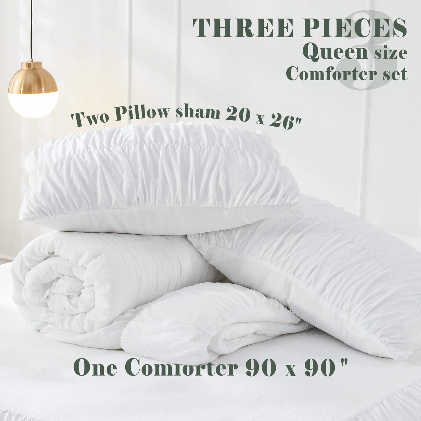 Bonlino Queen Comforter Set White Bedding - Ruched Comforter Queen Size Bed Set Boho Shabby Chic Bedding for Bedroom Comforter Fluffy 3 Piece Ruffle Comforter Set with Pillow White Soft