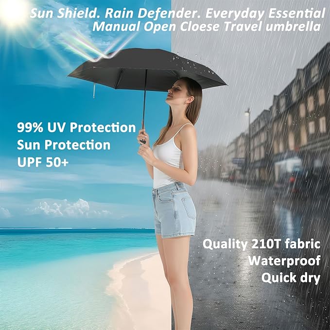 BAODINI Travel Essentials Mini Umbrella for Purse With Case Small Compact UV Sun Protection Lightweight Tiny Pocket Manual Open Close Umbrella for Women Kids and Men Fit Purse Backpack