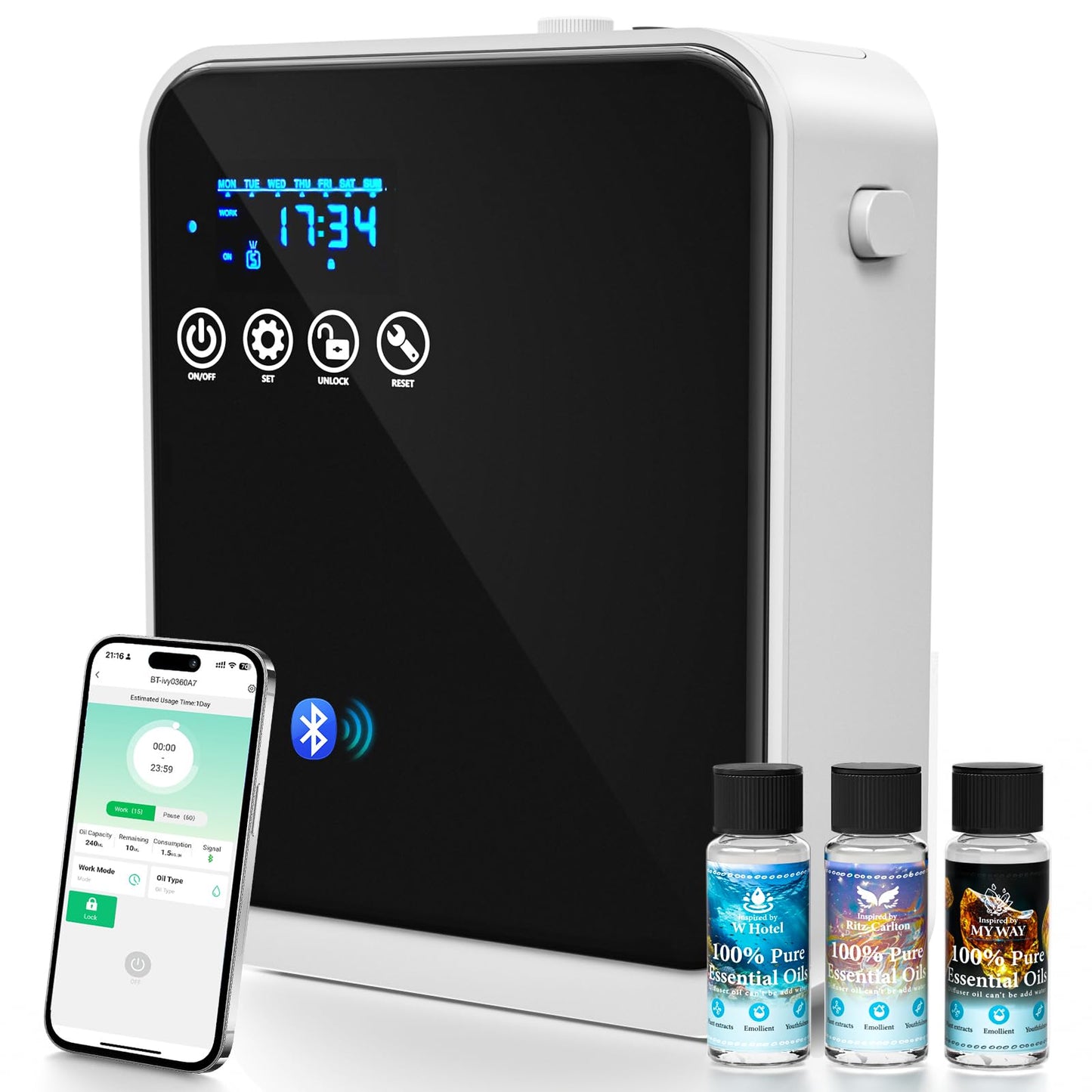 Waterless Essential Oil Diffuser,Whole House Oil Air Diffusers for Home,Hotel,Aromatherapy Scent Diffuser with APP Control & Touch Screen,1500 sq.ft Coverage,Adjustable Level & Auto Timer,Quiet,Black