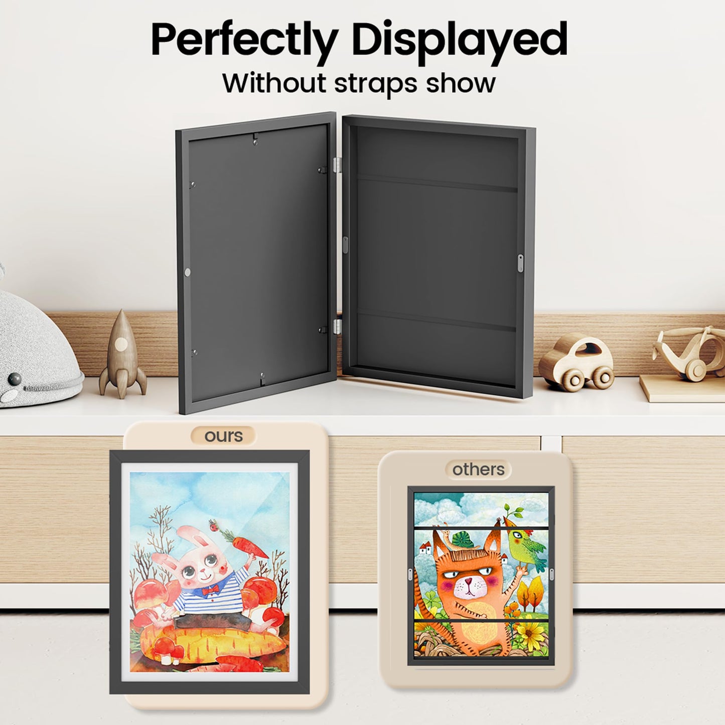 BAIJIALI Black Art Frames for Kids Artwork - Front Opening Holds 150 Drawings, 3D Crafts - 2 Packs 8.5x11 with mat or 9x12 without Mat