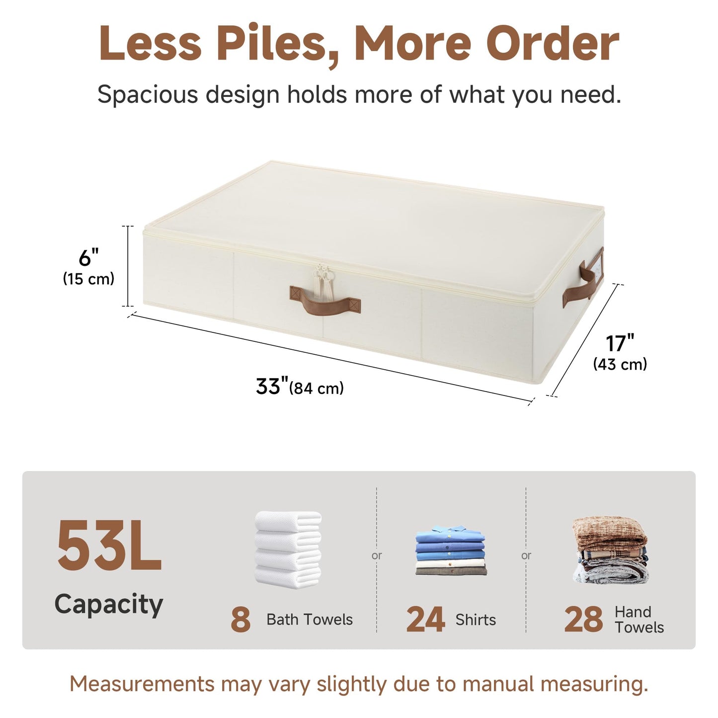 StorageWorks Underbed Storage Containers with Lids, 2-Pack 6" Low Profile Under Bed Organizers for Clothes, Bedding and Sweaters, 53L Large Fabric Storage Bins, Foldable Space Saving, Beige