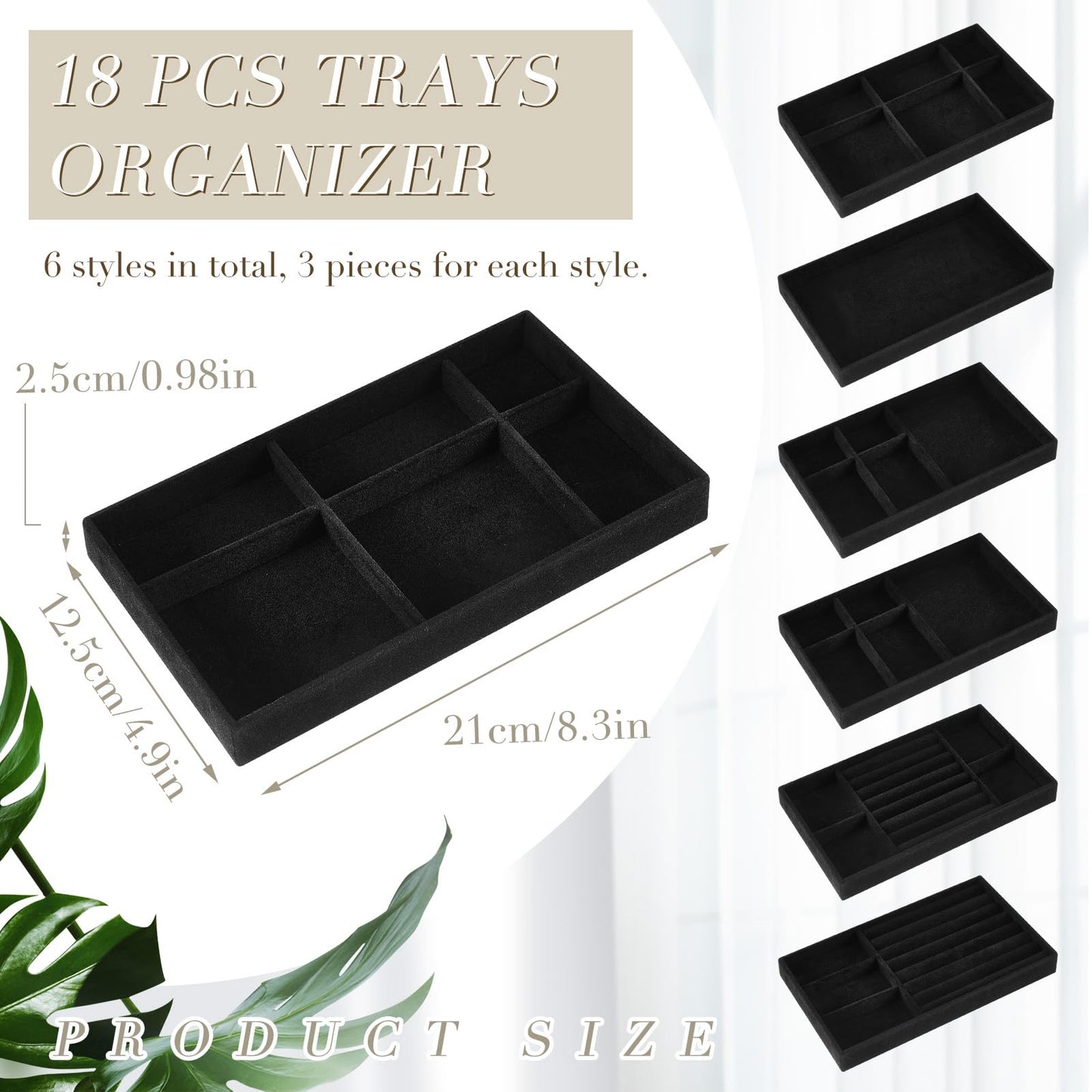 Junkin 18 Pcs Velvet Jewelry Tray, Stackable Jewelry Organizer Trays for Drawer, Jewellery Box Divided Display Tray, Jewelry Inserts for Drawer for Rings Earring Bangle Necklaces(Black)