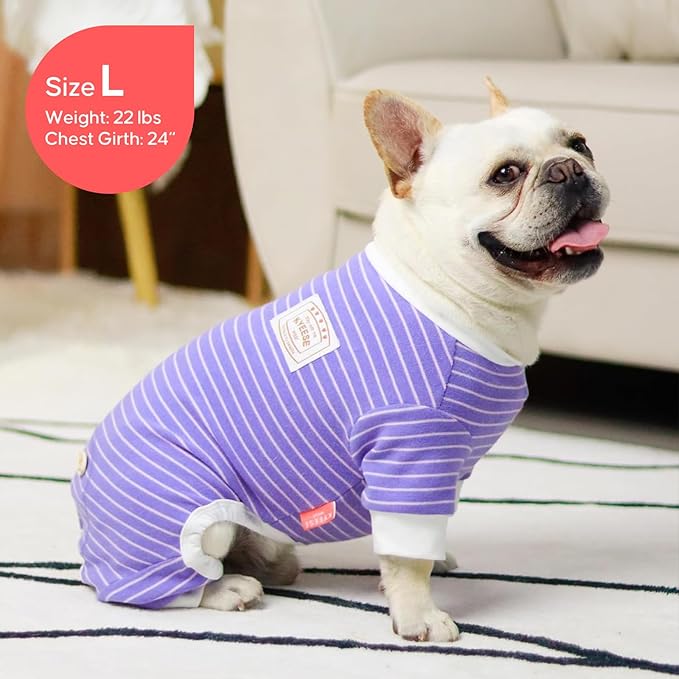 KYEESE Dog Pajamas Soft Striped Pet Jumpsuit Lightweight Doggie Jammies 4 Legs Dog Clothes Stretchable Pajamas Breathable Cozy Outfit Comfortable Onesie Sleepwear for Small Dogs,Purple Striped, Large