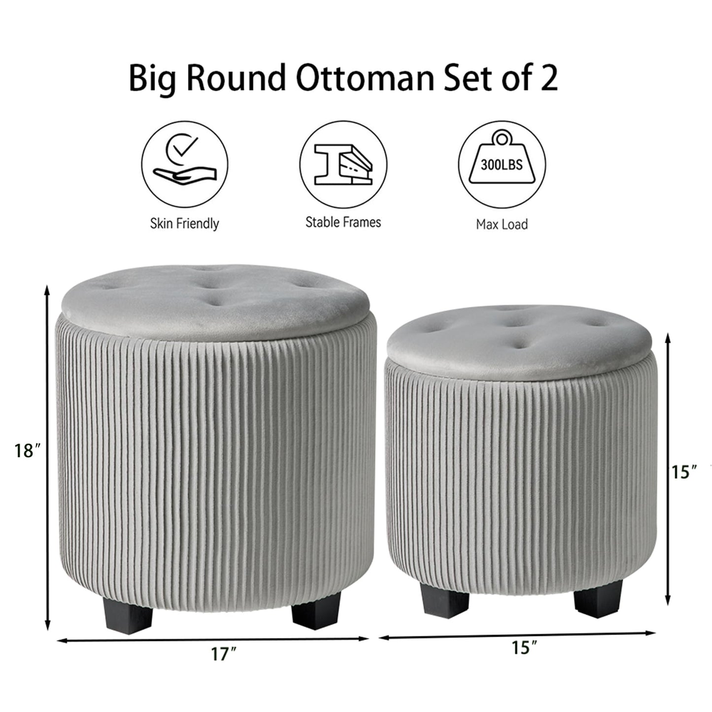 BLEXA Big Round Ottoman with Storage Set of 2,Upholstered Velvet Vanity Stool for Makeup Multifunctional Foot Rest Coffee Table Padded Seat Tufted Ottomans for LivingRoom&Bedroom (Large Grey)