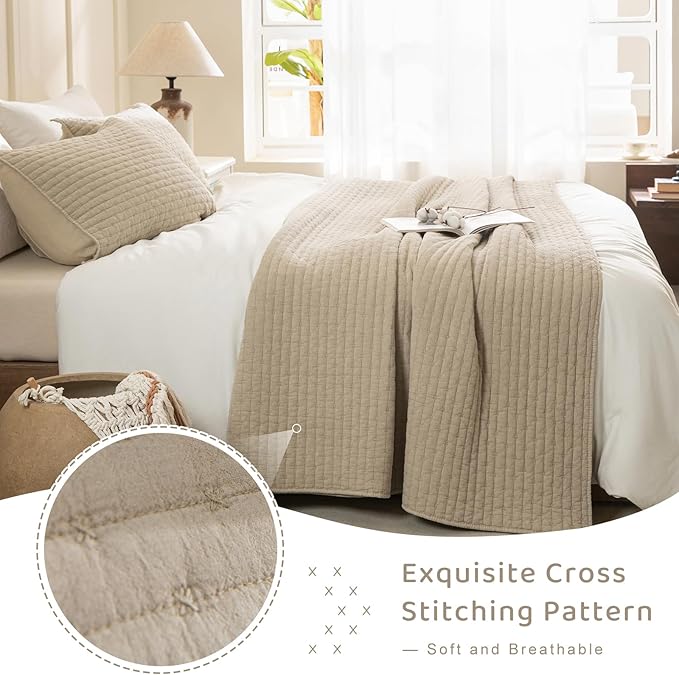 Sanracie Stonewashed Cotton Coverlet Queen Size(90"x98"), Ultra Soft Dark Wheat Color Crinkle Quilt Bedding Set 3Pcs Cross Stitch Pattern Lightweight Breathable Bedspread Set for All Season