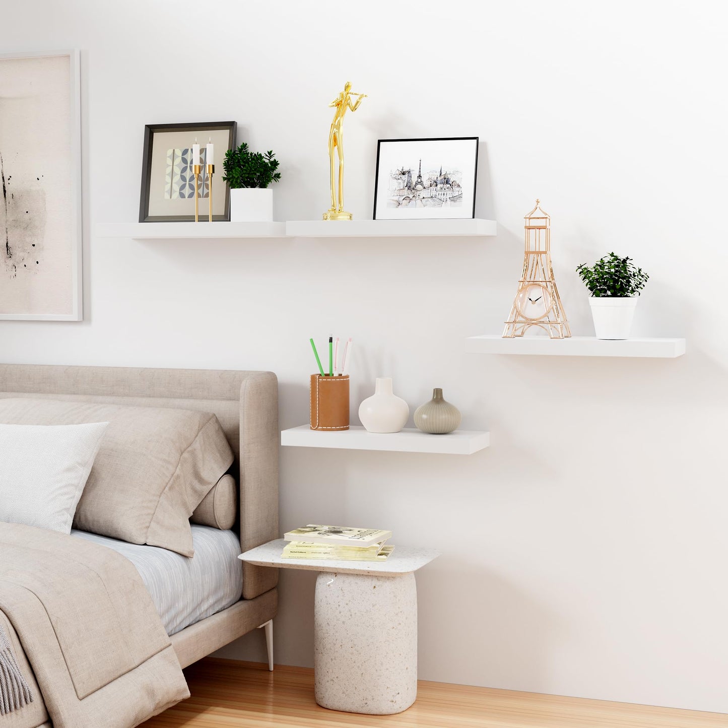Bellsal Floating Shelves for Wall, White Engineered Wood Wall Shelf Set of 4, 16" Wall Mounted Floating Shelf for Kitchen, Living Room, Bedroom, Bathroom Storage, Book Shelf for Walls Home Decor