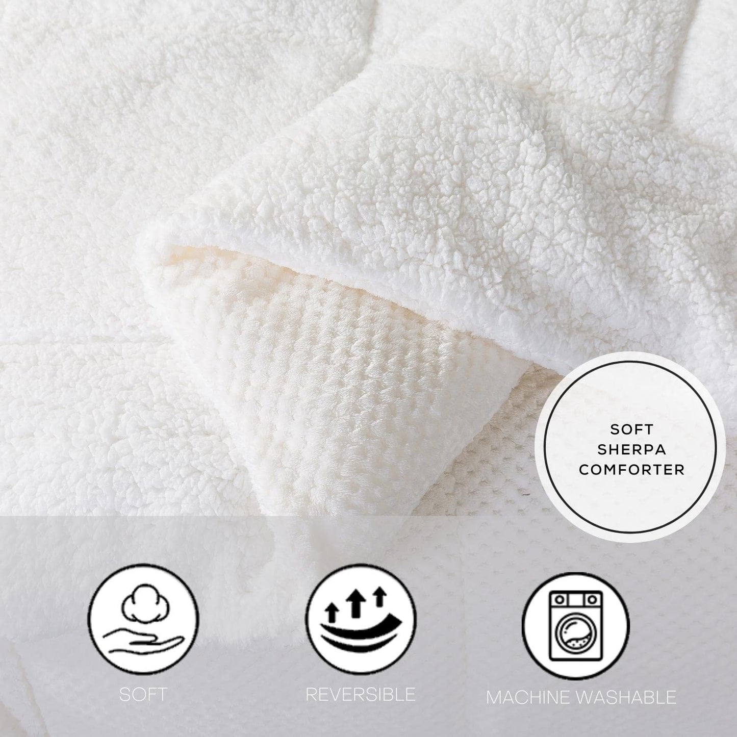 KASENTEX Super Ultra Soft Luxury Plush Sherpa Comforter, Cozy Reversible Faux Fur Machine Washable Bedding, Bright White, Queen Size