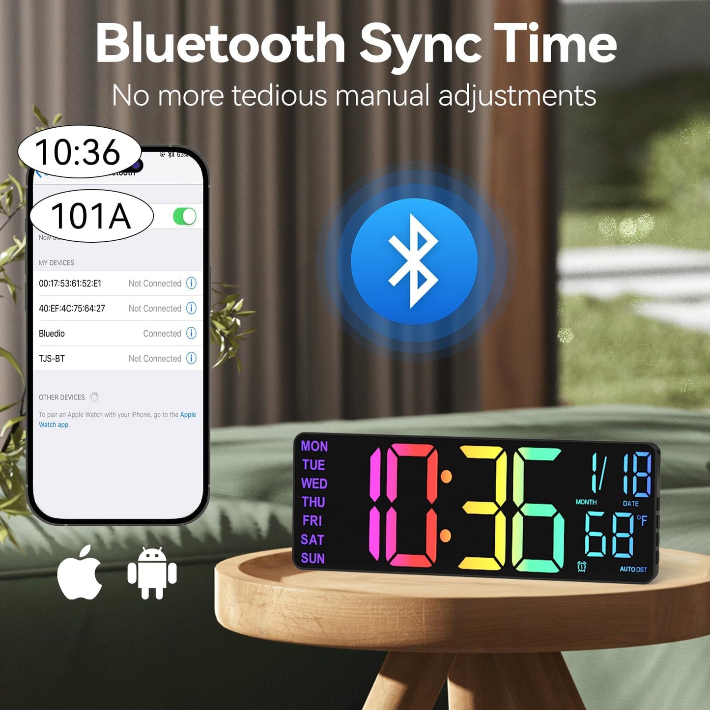 YISILE 13" Digital Wall Clock with Night Light,8 RGB Color,Dual Alarms with Large Display, Dimmer, Auto DST, Voice Control, Auto Time Sync,Remote Control for Living Room Bedroom,Gift for All Ages