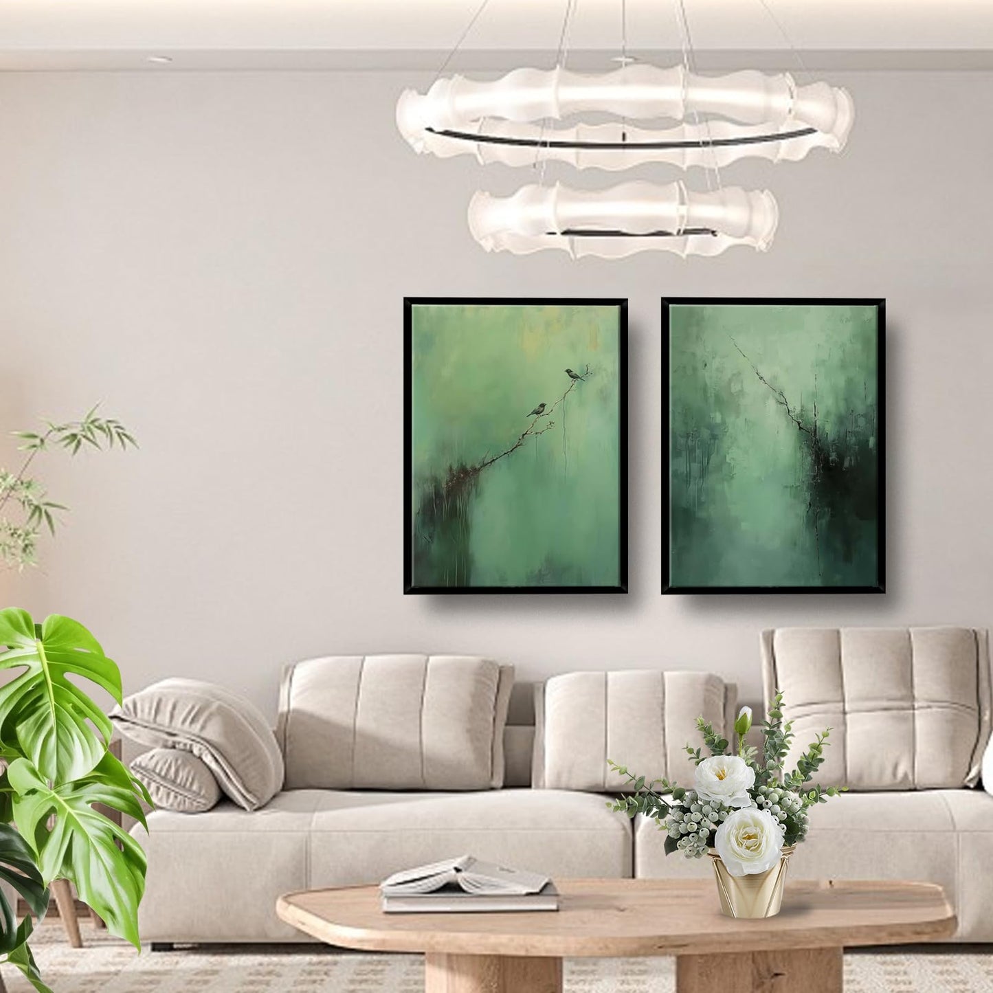 Abstract Dark Green Canvas Wall Art Modern Texture Painting with Wood Frame Wabi Sabi Zen Poster Minimalist Birds Picture Print Living Room Bedroom Office Ready To Hang 12x16 Inch