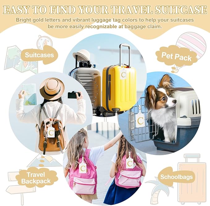 Personalized Initial Luggage Tags for Suitcase TSA Approved, White Leather Cute Luggage Tag with Privacy Cover Name Card, Embroidered Custom Luggage Tags Travel Baggage Tags Gifts for Women Kids(C)