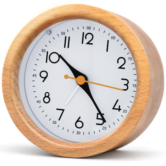 Oxmidud 4'' Natural Wooden Analog Alarm Clock with Soft Night Light - Battery Operated Non-Ticking Silent Tabletop Minimalist Desk & Bedside Clock for Bedrooms Living Room Home Office Decor